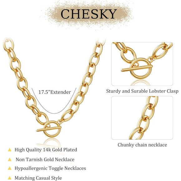 14K Gold paperclip Plated Chunky Layered Necklace | Paperclip Herringbone Chain - Picture 3 of 7